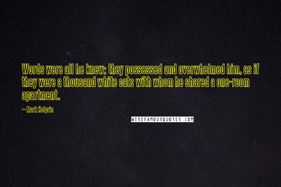 Mark Helprin Quotes: Words were all he knew; they possessed and overwhelmed him, as if they were a thousand white cats with whom he shared a one-room apartment.