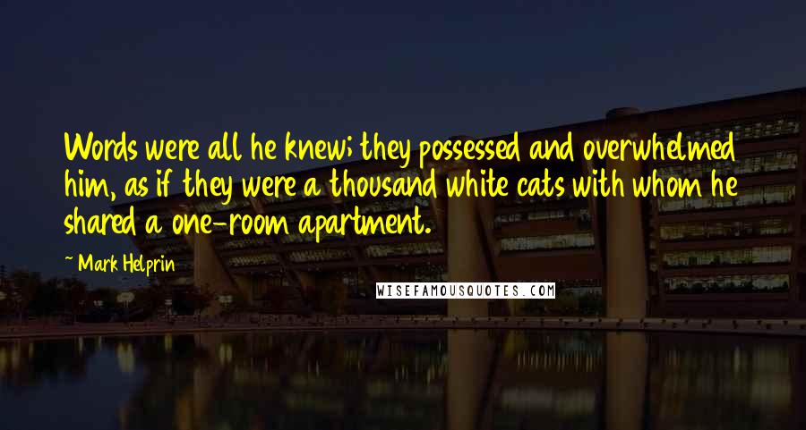 Mark Helprin Quotes: Words were all he knew; they possessed and overwhelmed him, as if they were a thousand white cats with whom he shared a one-room apartment.