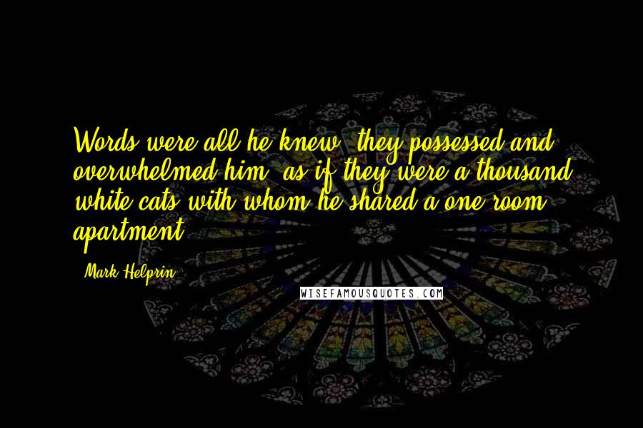 Mark Helprin Quotes: Words were all he knew; they possessed and overwhelmed him, as if they were a thousand white cats with whom he shared a one-room apartment.