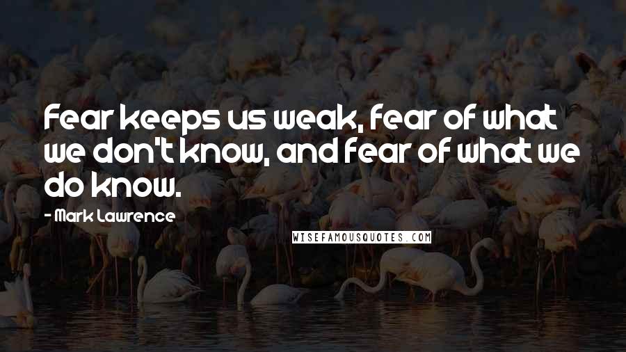 Mark Lawrence Quotes: Fear keeps us weak, fear of what we don't know, and fear of what we do know.