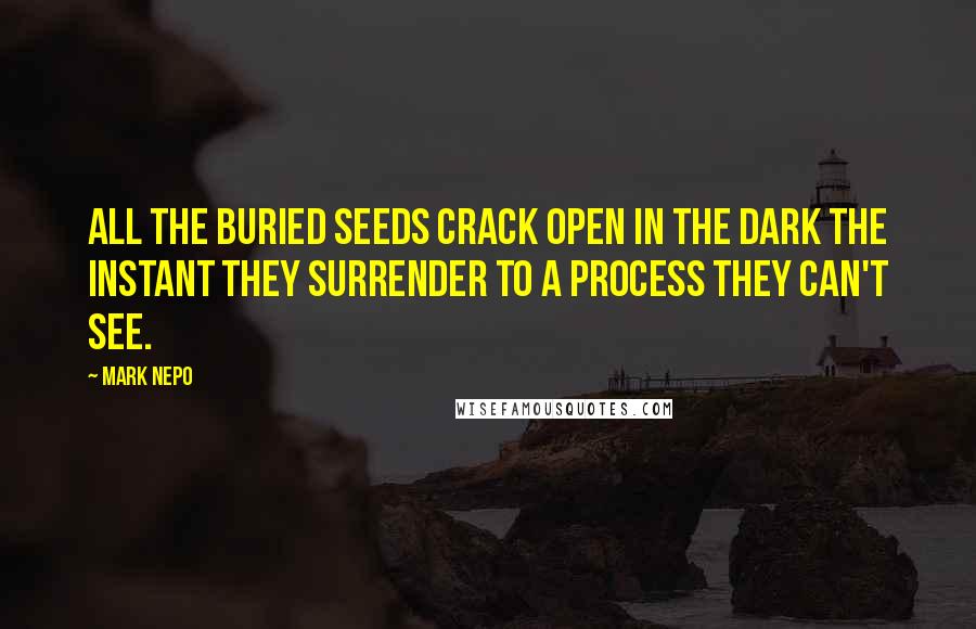 Mark Nepo Quotes: All the buried seeds crack open in the dark the instant they surrender to a process they can't see.