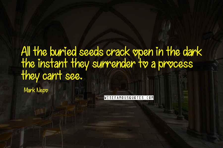 Mark Nepo Quotes: All the buried seeds crack open in the dark the instant they surrender to a process they can't see.