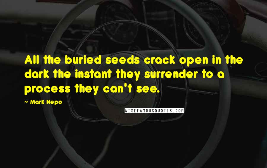 Mark Nepo Quotes: All the buried seeds crack open in the dark the instant they surrender to a process they can't see.