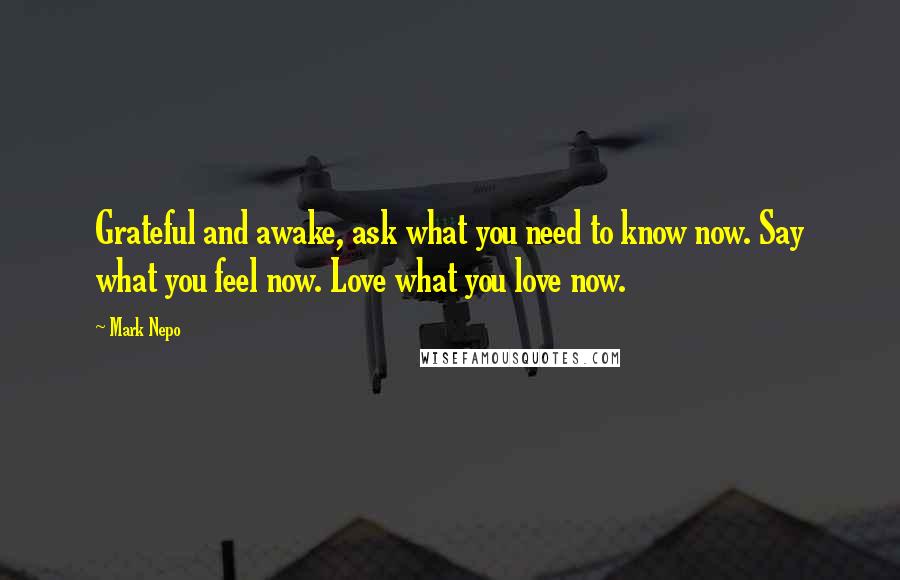 Mark Nepo Quotes: Grateful and awake, ask what you need to know now. Say what you feel now. Love what you love now.