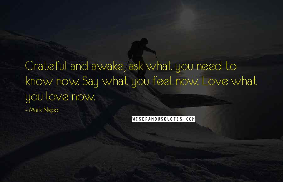 Mark Nepo Quotes: Grateful and awake, ask what you need to know now. Say what you feel now. Love what you love now.