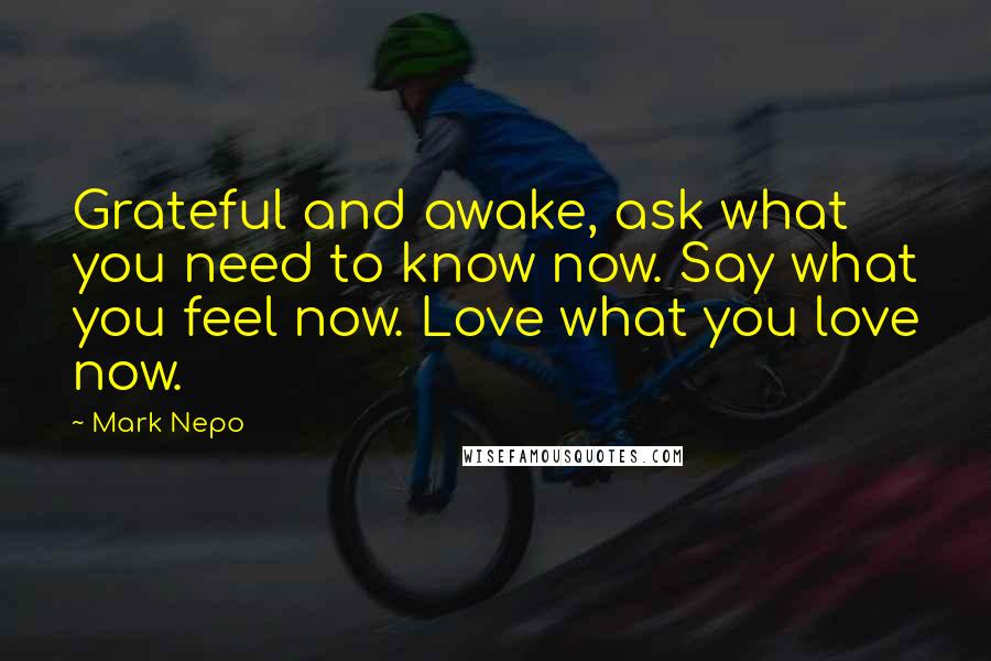 Mark Nepo Quotes: Grateful and awake, ask what you need to know now. Say what you feel now. Love what you love now.