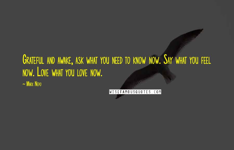 Mark Nepo Quotes: Grateful and awake, ask what you need to know now. Say what you feel now. Love what you love now.