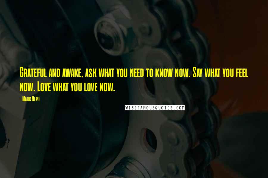 Mark Nepo Quotes: Grateful and awake, ask what you need to know now. Say what you feel now. Love what you love now.