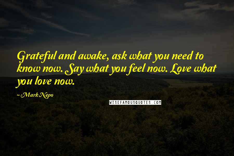 Mark Nepo Quotes: Grateful and awake, ask what you need to know now. Say what you feel now. Love what you love now.