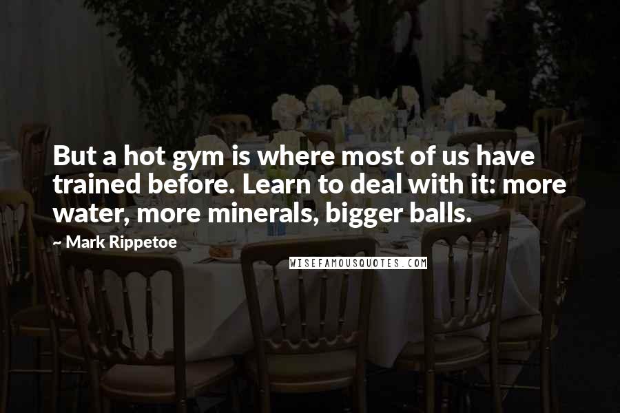 Mark Rippetoe Quotes: But a hot gym is where most of us have trained before. Learn to deal with it: more water, more minerals, bigger balls.