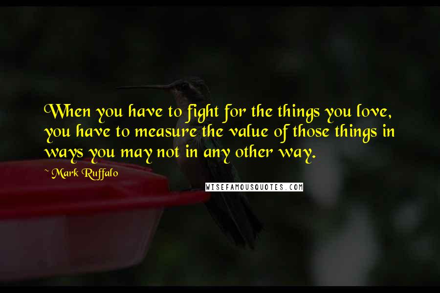 Mark Ruffalo Quotes: When you have to fight for the things you love, you have to measure the value of those things in ways you may not in any other way.