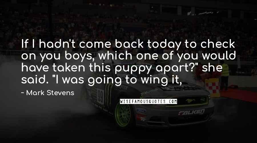 Mark Stevens Quotes: If I hadn't come back today to check on you boys, which one of you would have taken this puppy apart?" she said. "I was going to wing it,