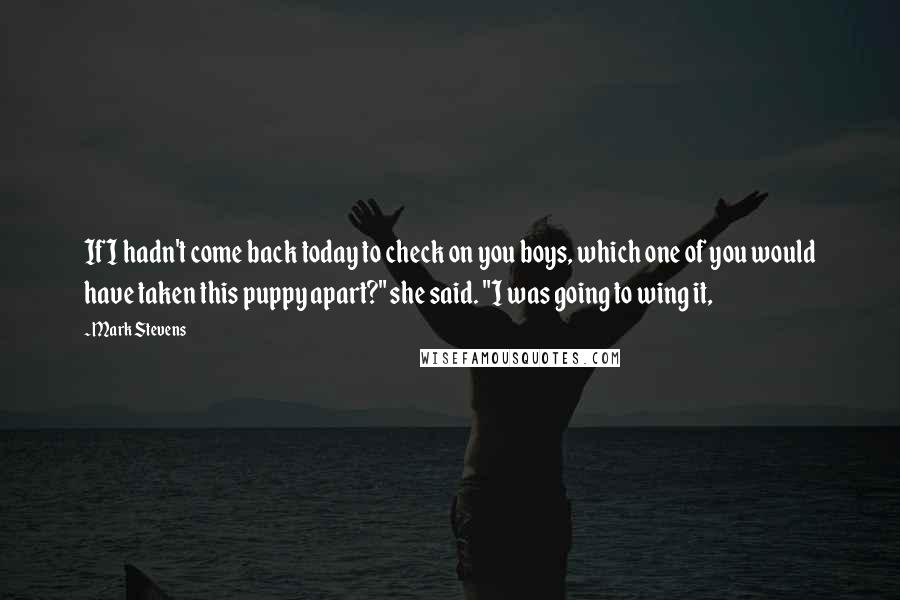 Mark Stevens Quotes: If I hadn't come back today to check on you boys, which one of you would have taken this puppy apart?" she said. "I was going to wing it,