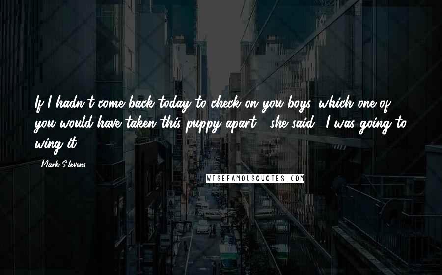 Mark Stevens Quotes: If I hadn't come back today to check on you boys, which one of you would have taken this puppy apart?" she said. "I was going to wing it,