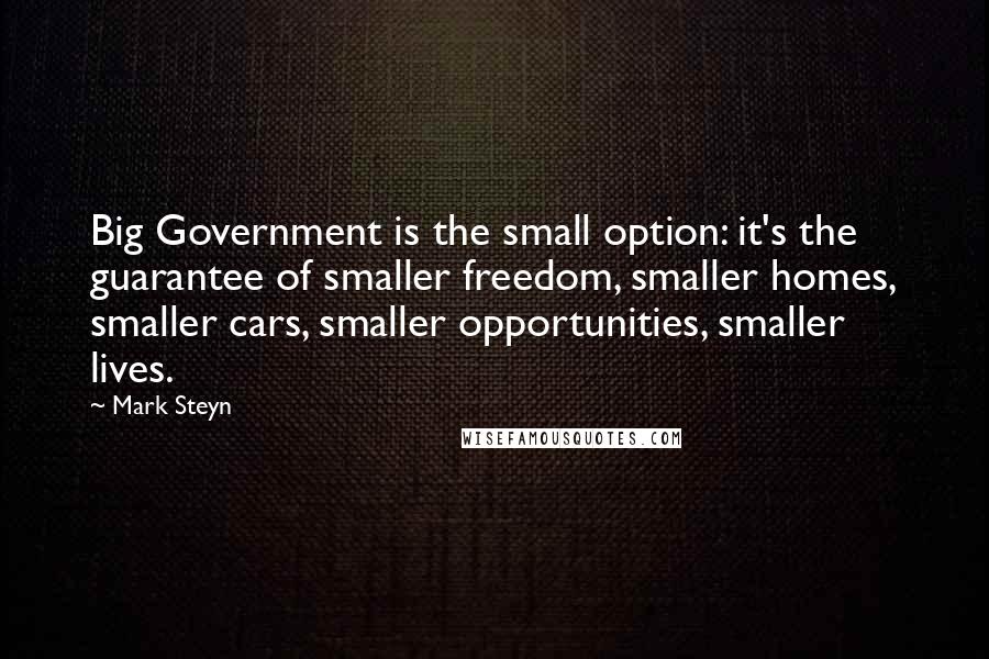 Mark Steyn Quotes: Big Government is the small option: it's the guarantee of smaller freedom, smaller homes, smaller cars, smaller opportunities, smaller lives.