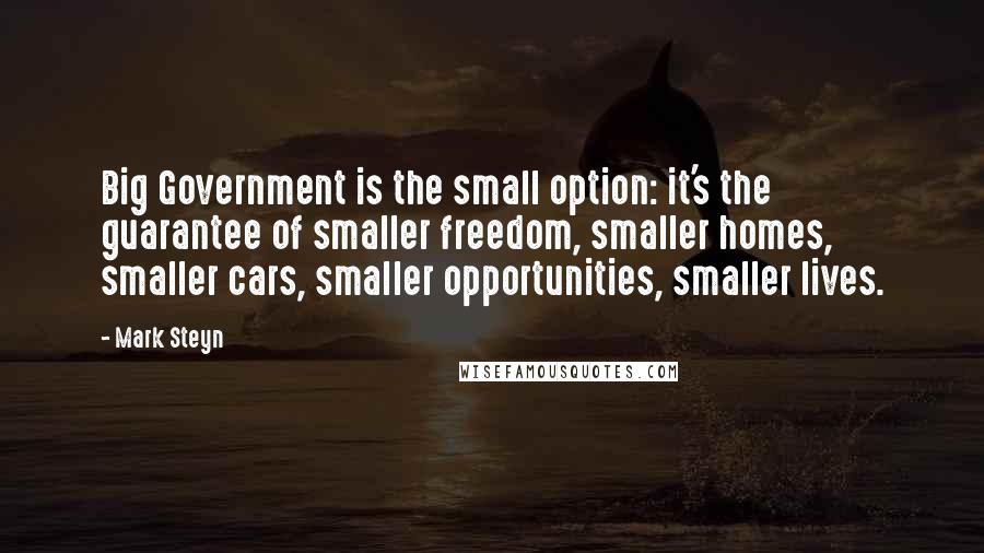 Mark Steyn Quotes: Big Government is the small option: it's the guarantee of smaller freedom, smaller homes, smaller cars, smaller opportunities, smaller lives.