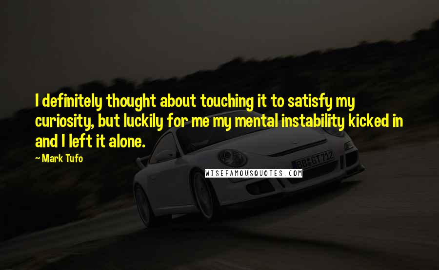 Mark Tufo Quotes: I definitely thought about touching it to satisfy my curiosity, but luckily for me my mental instability kicked in and I left it alone.