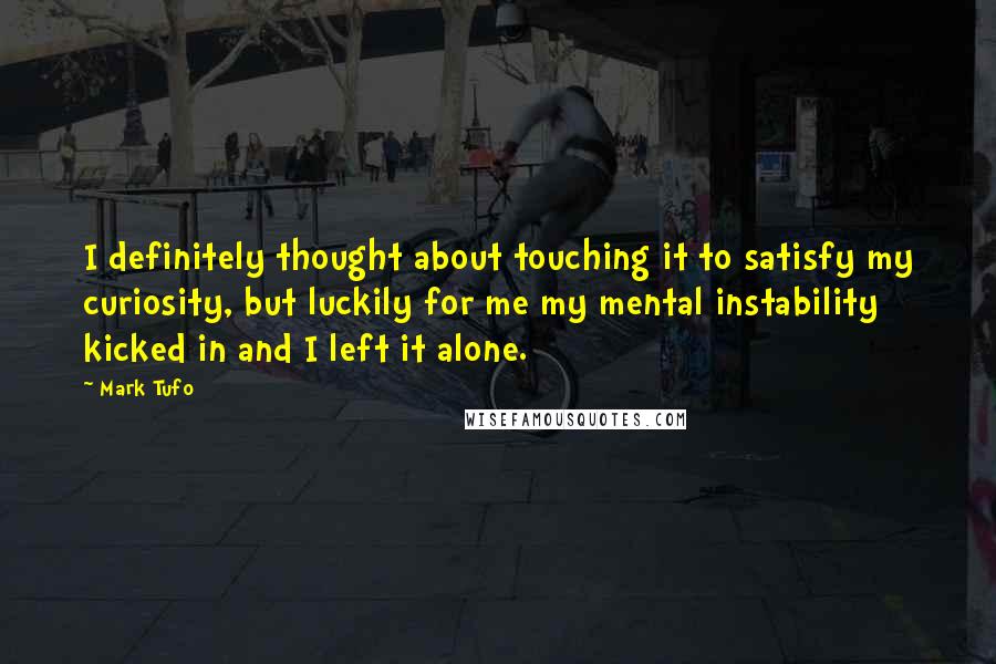 Mark Tufo Quotes: I definitely thought about touching it to satisfy my curiosity, but luckily for me my mental instability kicked in and I left it alone.