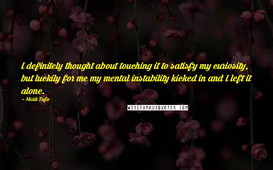 Mark Tufo Quotes: I definitely thought about touching it to satisfy my curiosity, but luckily for me my mental instability kicked in and I left it alone.