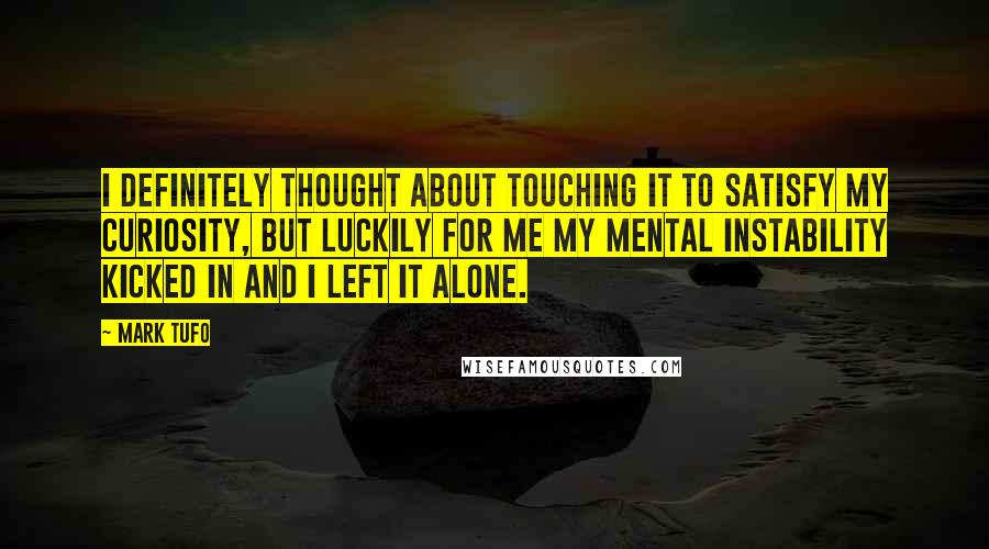 Mark Tufo Quotes: I definitely thought about touching it to satisfy my curiosity, but luckily for me my mental instability kicked in and I left it alone.