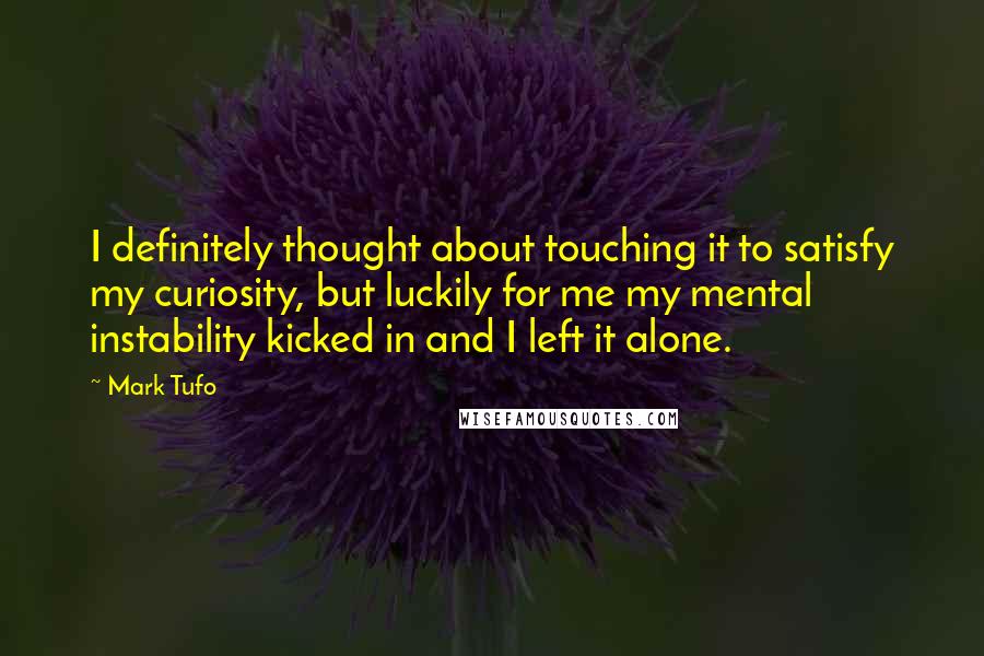 Mark Tufo Quotes: I definitely thought about touching it to satisfy my curiosity, but luckily for me my mental instability kicked in and I left it alone.