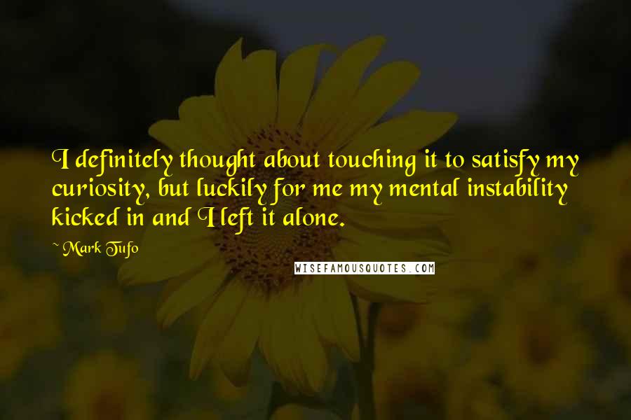 Mark Tufo Quotes: I definitely thought about touching it to satisfy my curiosity, but luckily for me my mental instability kicked in and I left it alone.