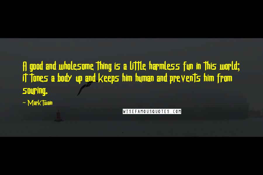 Mark Twain Quotes: A good and wholesome thing is a little harmless fun in this world; it tones a body up and keeps him human and prevents him from souring.