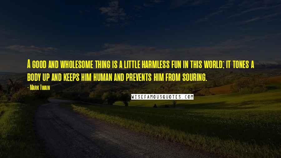 Mark Twain Quotes: A good and wholesome thing is a little harmless fun in this world; it tones a body up and keeps him human and prevents him from souring.