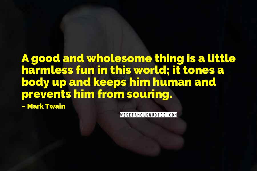 Mark Twain Quotes: A good and wholesome thing is a little harmless fun in this world; it tones a body up and keeps him human and prevents him from souring.