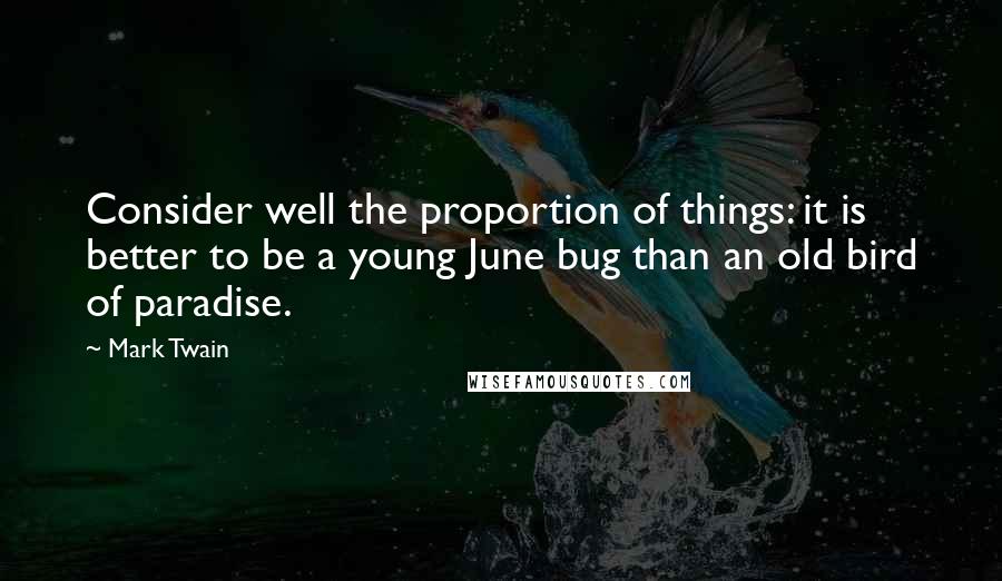 Mark Twain Quotes: Consider well the proportion of things: it is better to be a young June bug than an old bird of paradise.