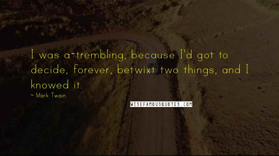 Mark Twain Quotes: I was a-trembling, because I'd got to decide, forever, betwixt two things, and I knowed it.