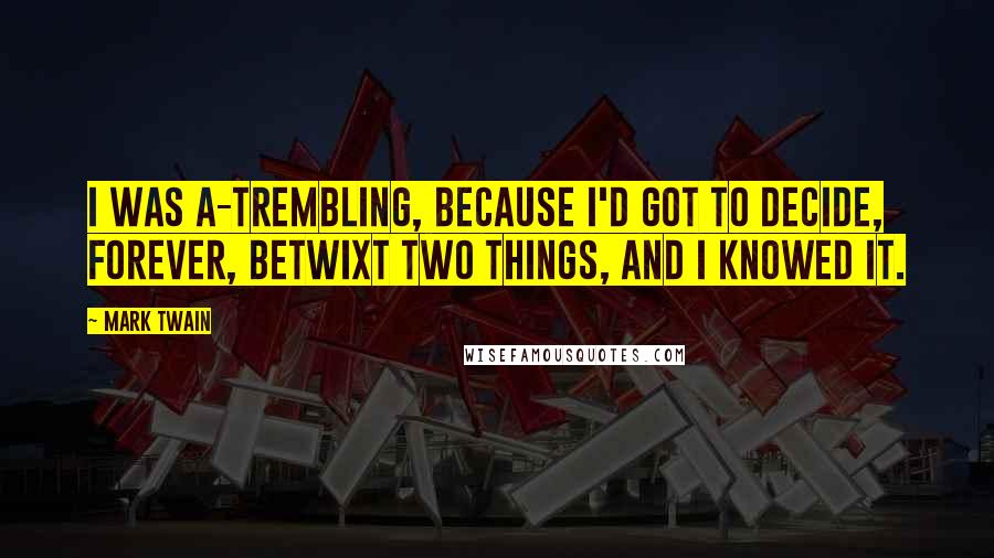 Mark Twain Quotes: I was a-trembling, because I'd got to decide, forever, betwixt two things, and I knowed it.