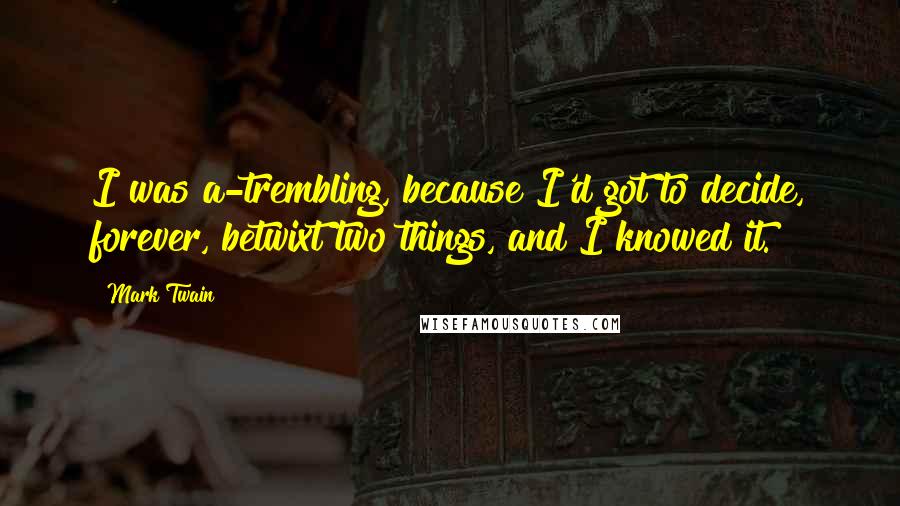 Mark Twain Quotes: I was a-trembling, because I'd got to decide, forever, betwixt two things, and I knowed it.