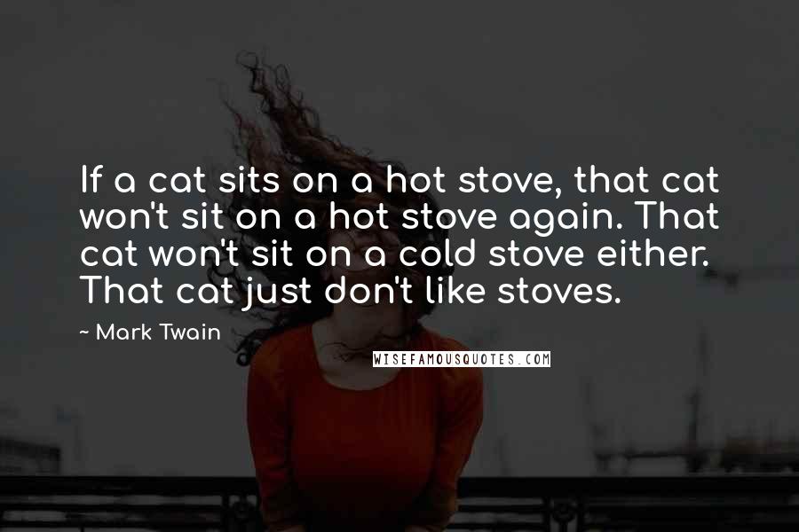 Mark Twain Quotes: If a cat sits on a hot stove, that cat won't sit on a hot stove again. That cat won't sit on a cold stove either. That cat just don't like stoves.