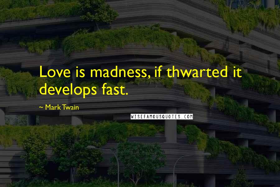 Mark Twain Quotes: Love is madness, if thwarted it develops fast.