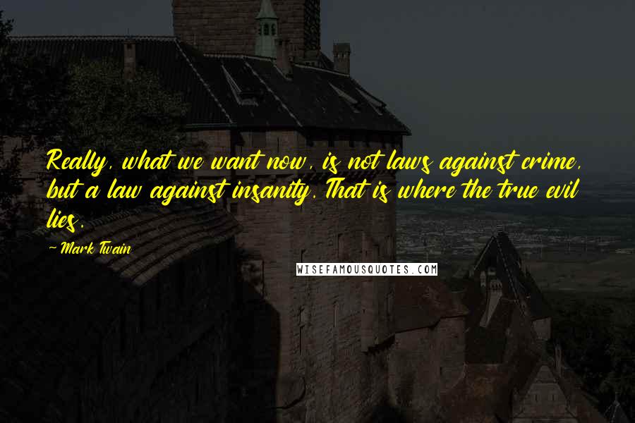 Mark Twain Quotes: Really, what we want now, is not laws against crime, but a law against insanity. That is where the true evil lies.