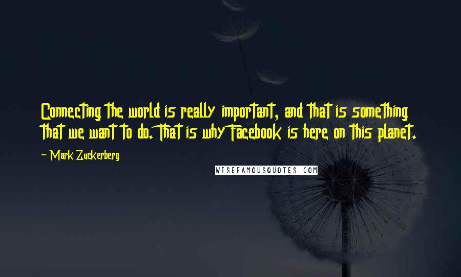 Mark Zuckerberg Quotes: Connecting the world is really important, and that is something that we want to do. That is why Facebook is here on this planet.