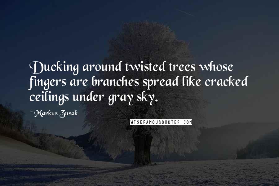 Markus Zusak Quotes: Ducking around twisted trees whose fingers are branches spread like cracked ceilings under gray sky.