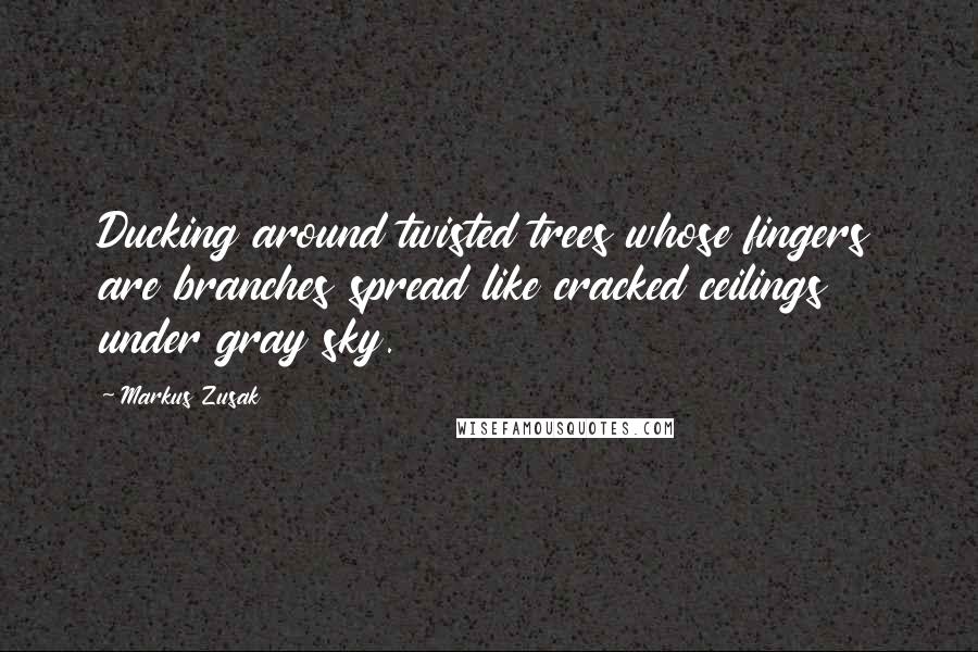 Markus Zusak Quotes: Ducking around twisted trees whose fingers are branches spread like cracked ceilings under gray sky.