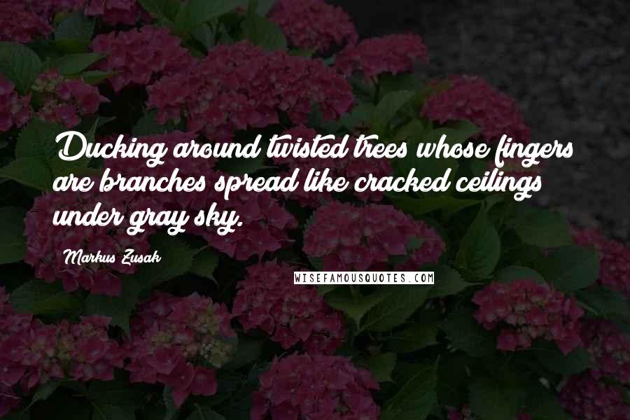 Markus Zusak Quotes: Ducking around twisted trees whose fingers are branches spread like cracked ceilings under gray sky.