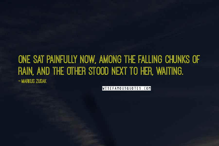 Markus Zusak Quotes: One sat painfully now, among the falling chunks of rain, and the other stood next to her, waiting.