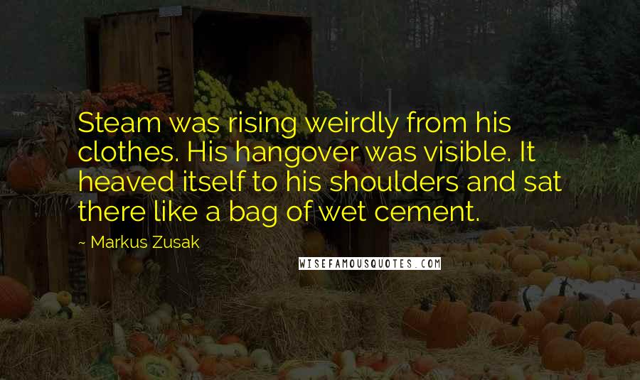 Markus Zusak Quotes: Steam was rising weirdly from his clothes. His hangover was visible. It heaved itself to his shoulders and sat there like a bag of wet cement.