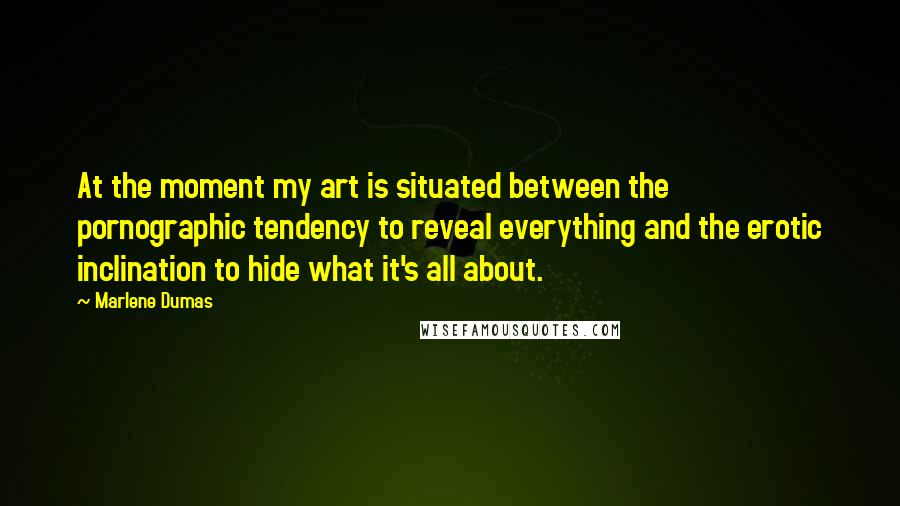 Marlene Dumas Quotes: At the moment my art is situated between the pornographic tendency to reveal everything and the erotic inclination to hide what it's all about.