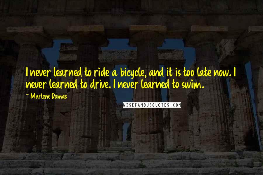 Marlene Dumas Quotes: I never learned to ride a bicycle, and it is too late now. I never learned to drive. I never learned to swim.