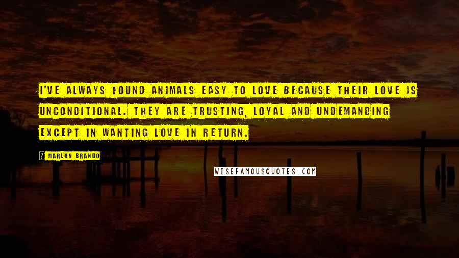 Marlon Brando Quotes: I've always found animals easy to love because their love is unconditional. They are trusting, loyal and undemanding except in wanting love in return.