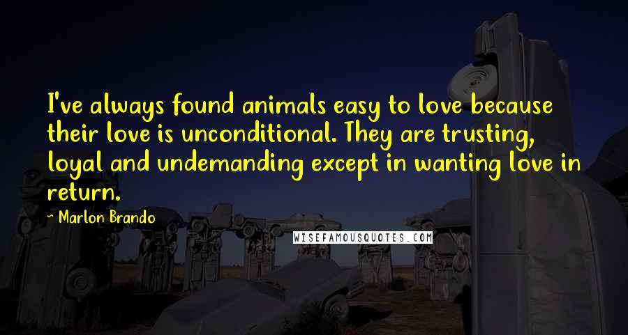 Marlon Brando Quotes: I've always found animals easy to love because their love is unconditional. They are trusting, loyal and undemanding except in wanting love in return.