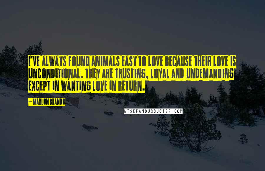 Marlon Brando Quotes: I've always found animals easy to love because their love is unconditional. They are trusting, loyal and undemanding except in wanting love in return.