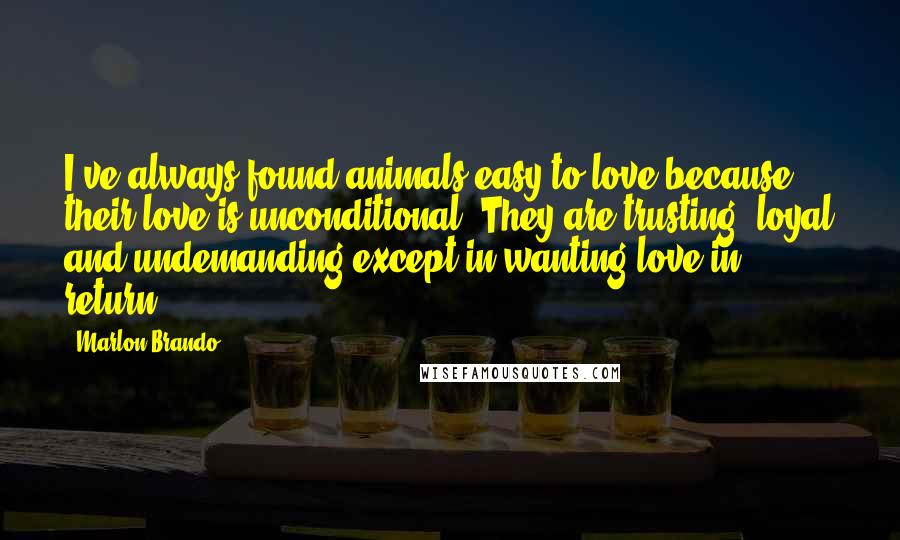 Marlon Brando Quotes: I've always found animals easy to love because their love is unconditional. They are trusting, loyal and undemanding except in wanting love in return.