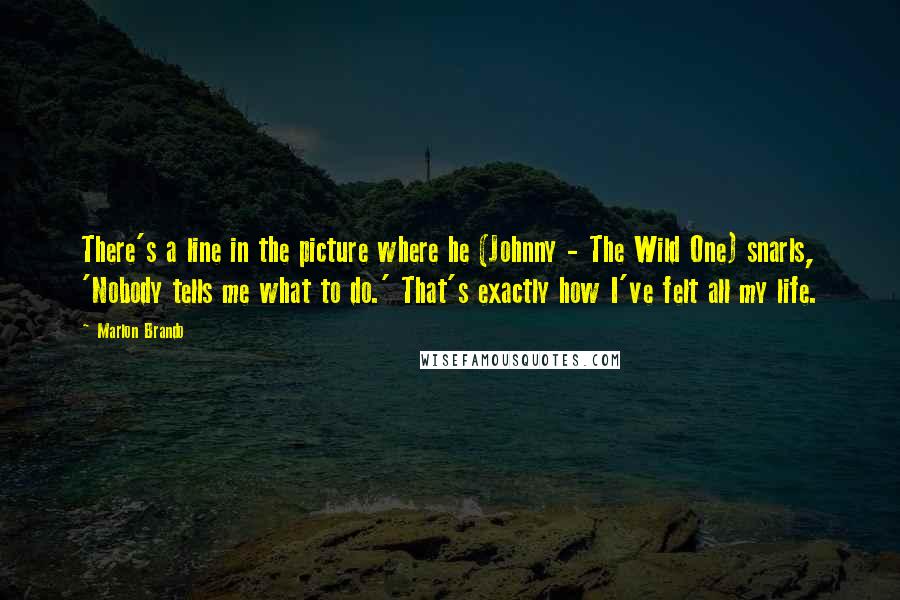 Marlon Brando Quotes: There's a line in the picture where he (Johnny - The Wild One) snarls, 'Nobody tells me what to do.' That's exactly how I've felt all my life.