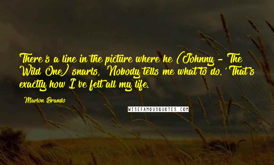 Marlon Brando Quotes: There's a line in the picture where he (Johnny - The Wild One) snarls, 'Nobody tells me what to do.' That's exactly how I've felt all my life.